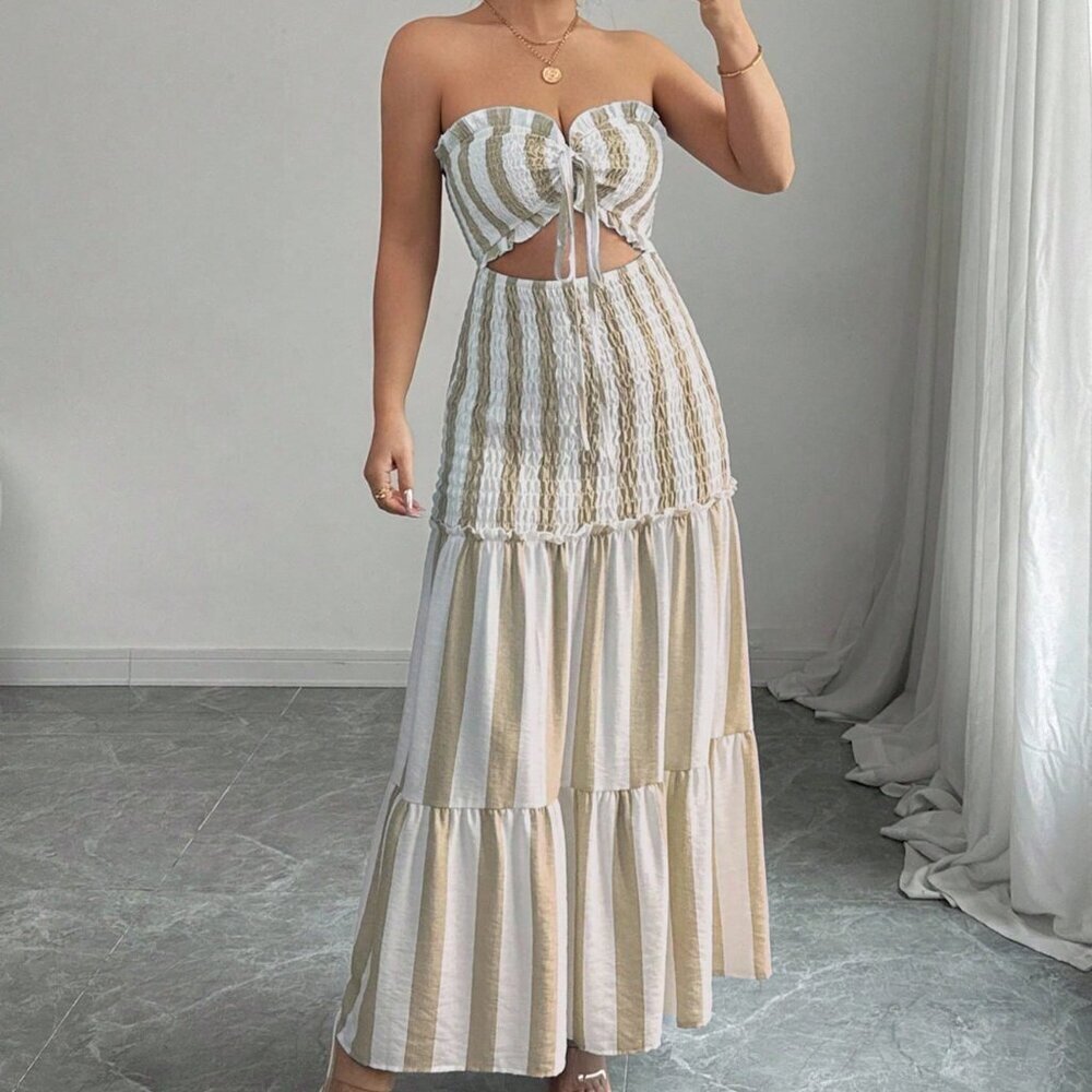 Khaki Boho Women's Striped Elegant Spaghetti Strap Dress - Picture 1 of 8